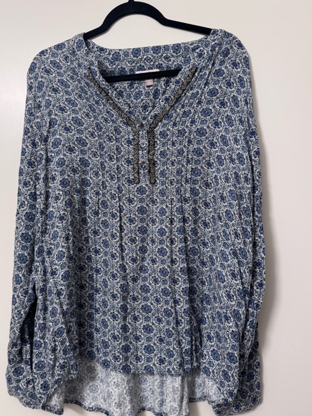 Printed Blue Long-Sleeve Henley Tunic Top